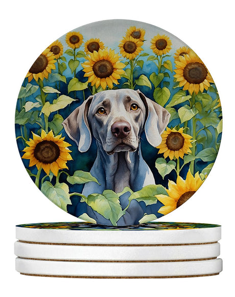 Weimaraner in Sunflowers Round Coaster Set