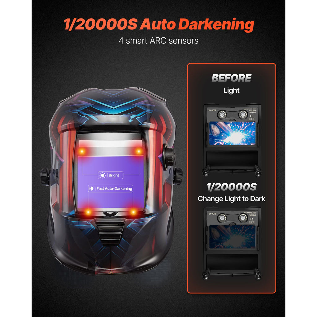True Color Auto Darkening Welding Helmet - Large Viewing Screen, 4 Arc Sensors