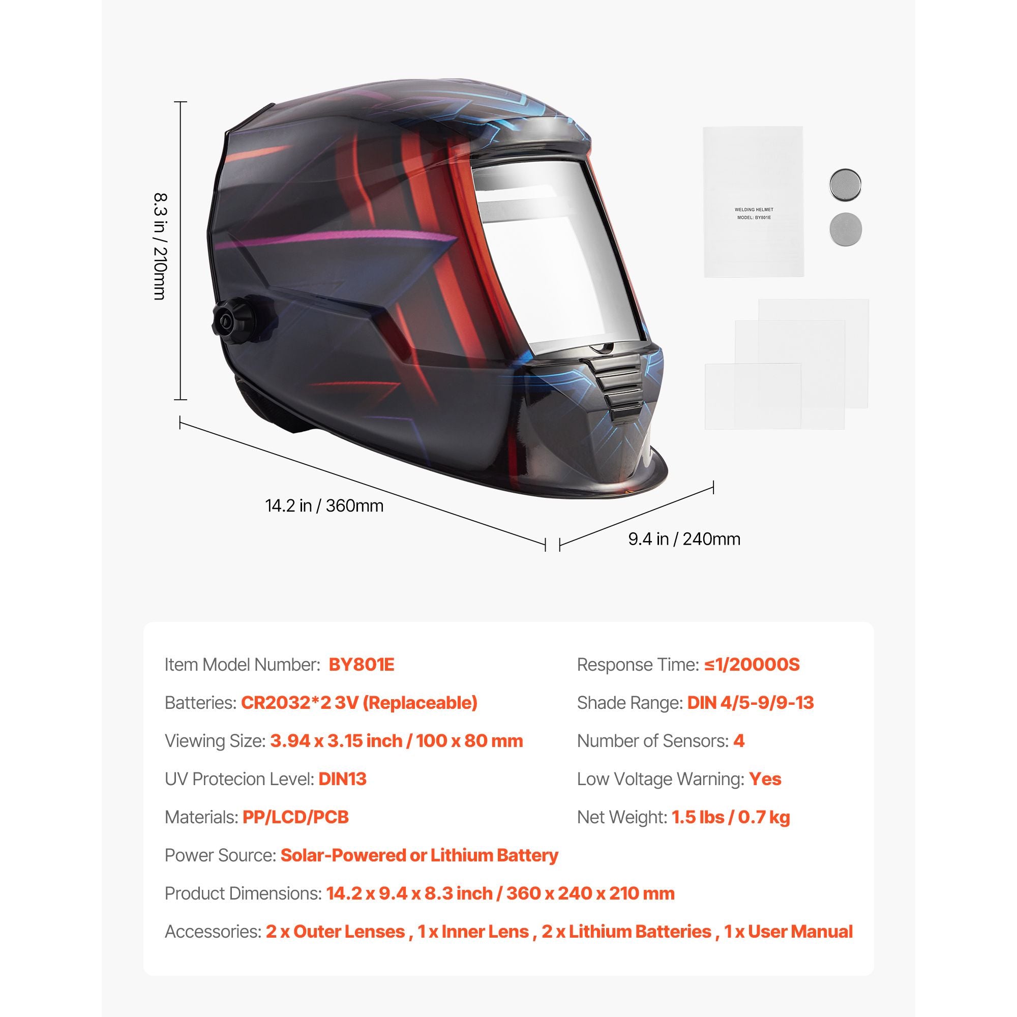 True Color Auto Darkening Welding Helmet - Large Viewing Screen, 4 Arc Sensors