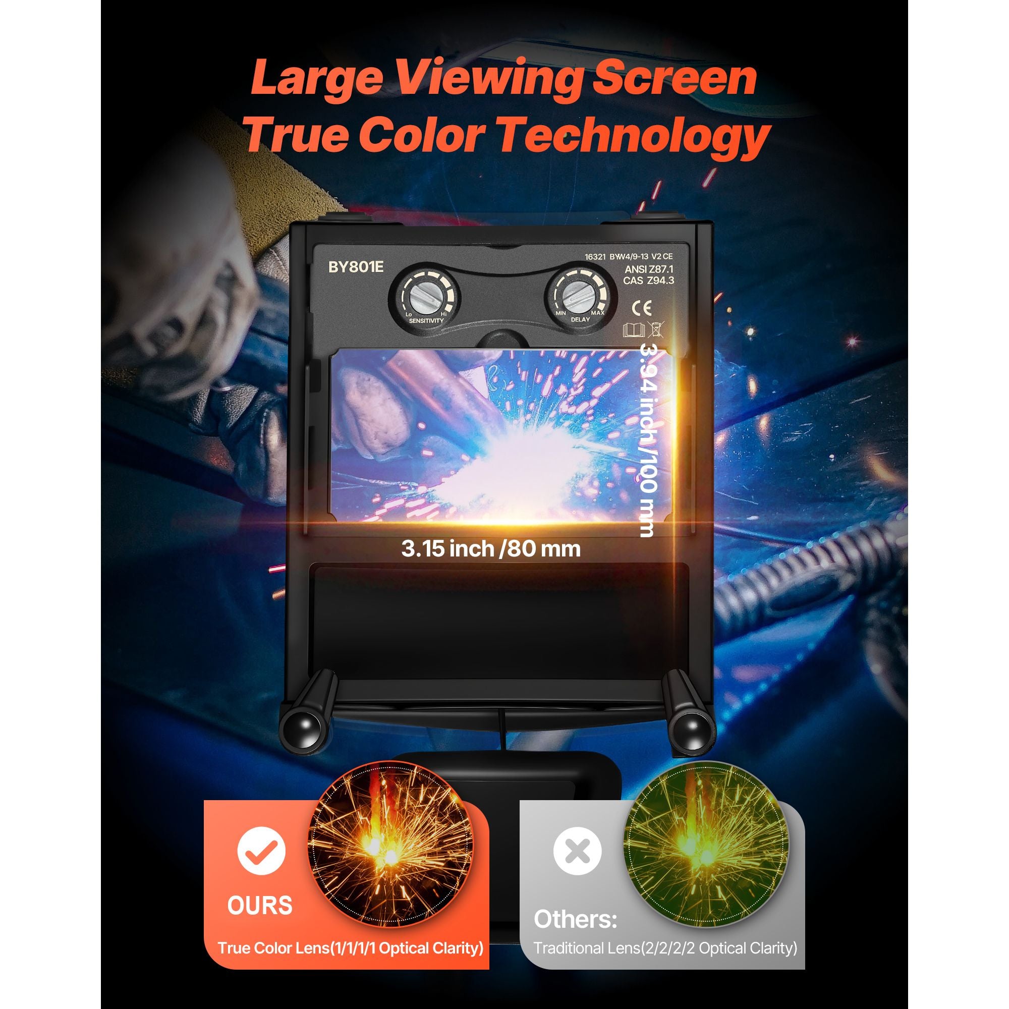 True Color Auto Darkening Welding Helmet - Large Viewing Screen, 4 Arc Sensors