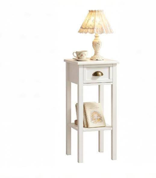 Slim White Side Table with Drawer and Open Shelf