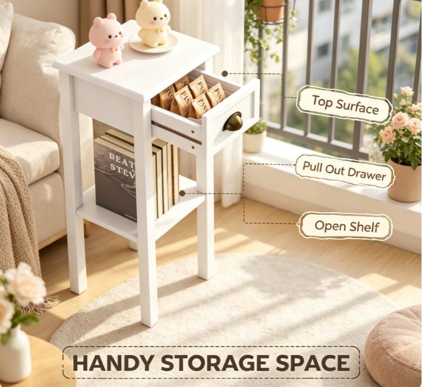 Slim White Side Table with Drawer and Open Shelf