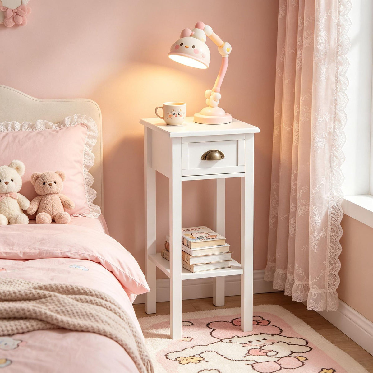 Slim White Side Table with Drawer and Open Shelf