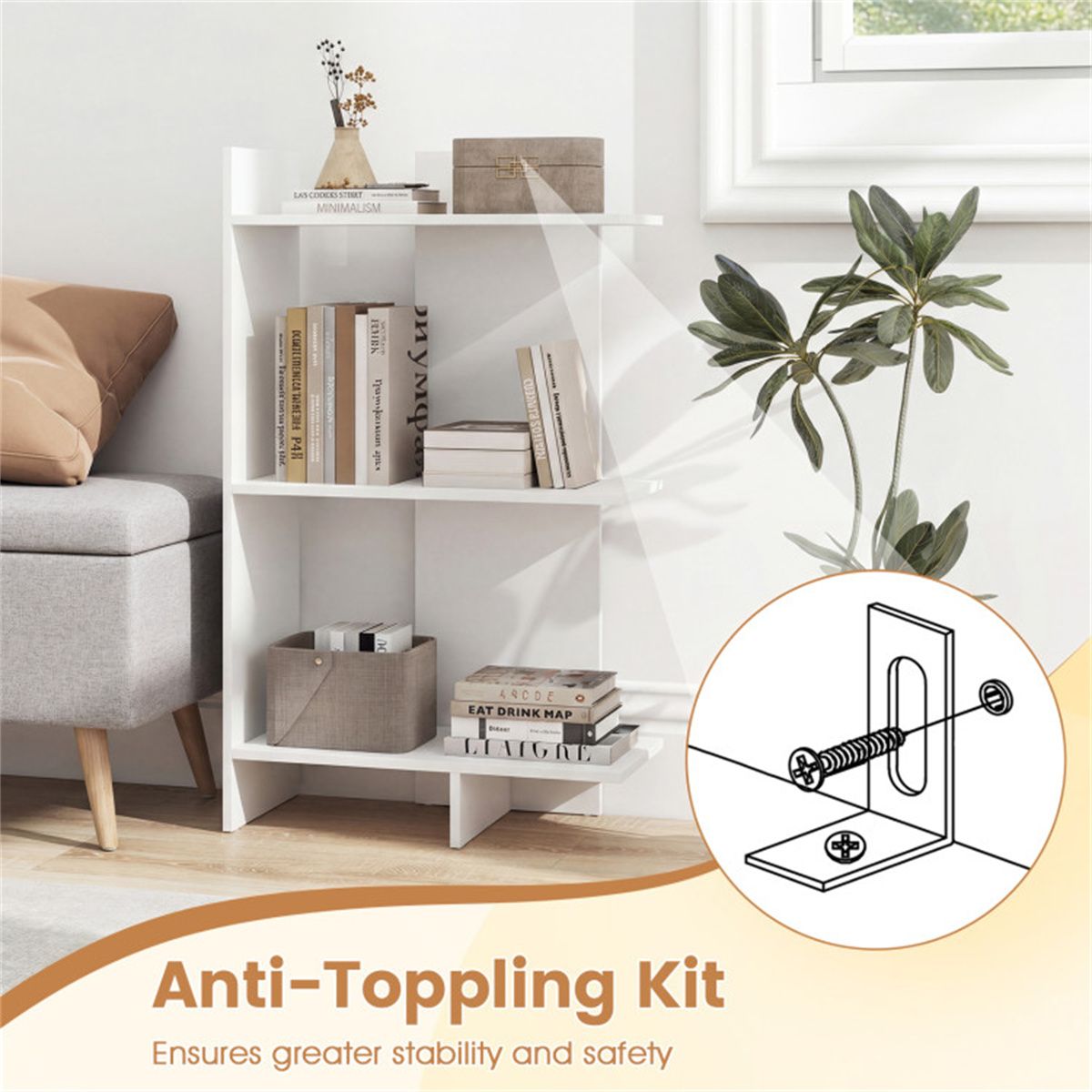 White 3-Tier Wooden Bookshelf, Engineered Board Per Shelf Anti-Toppling Kit Included
