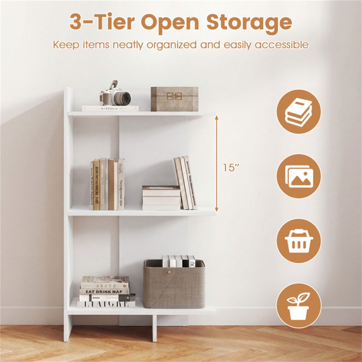 White 3-Tier Wooden Bookshelf, Engineered Board Per Shelf Anti-Toppling Kit Included