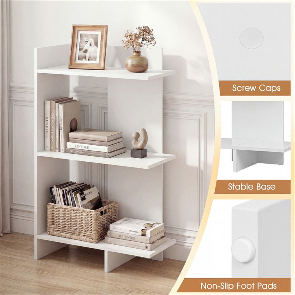 White 3-Tier Wooden Bookshelf, Engineered Board Per Shelf Anti-Toppling Kit Included
