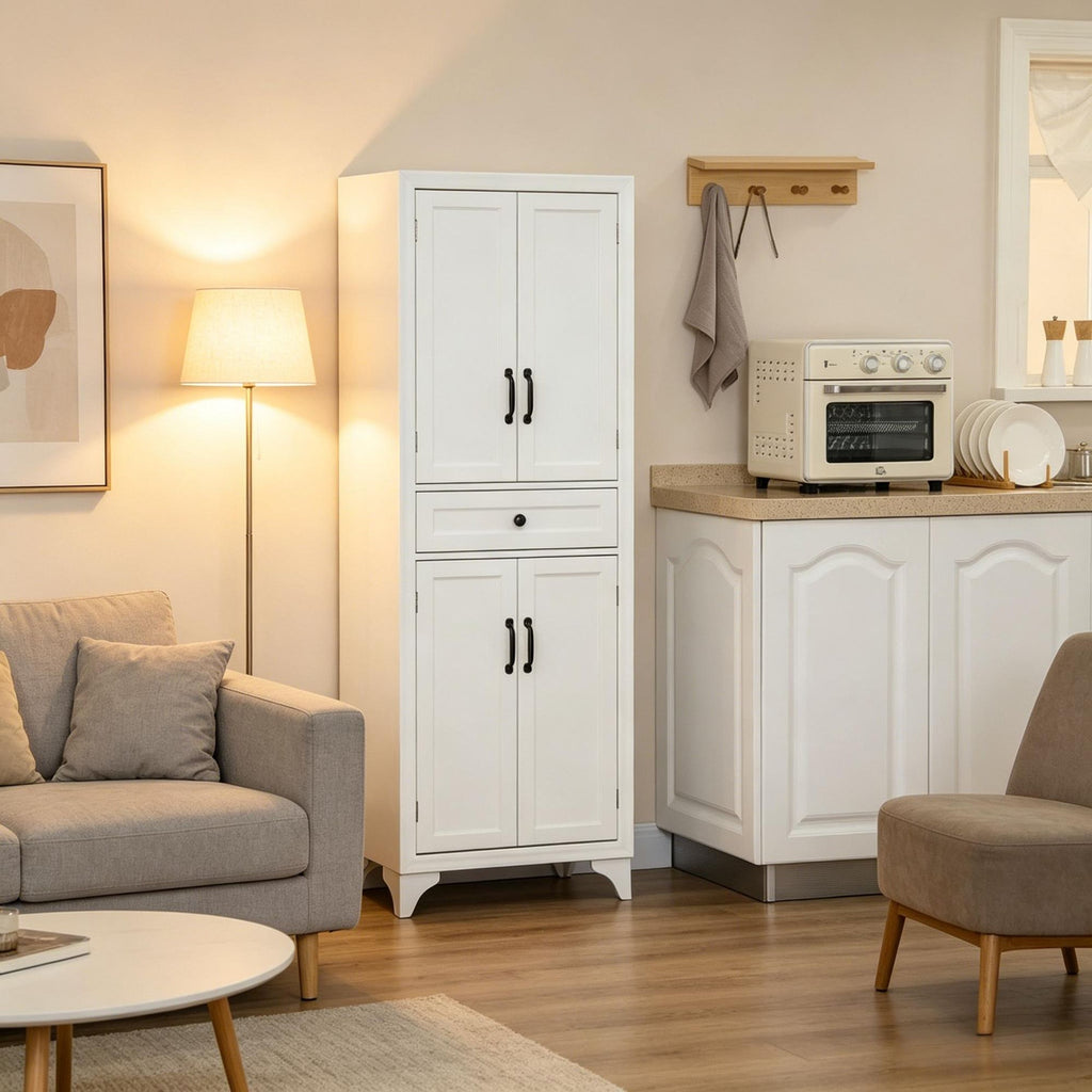 White 67 4-Door Kitchen Pantry with Drawer And Adjustable Shelves Storage Cabinet for