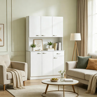 White 71 Kitchen Pantry Cabinet Tall Storage with Microwave Stand Modern Kitchen