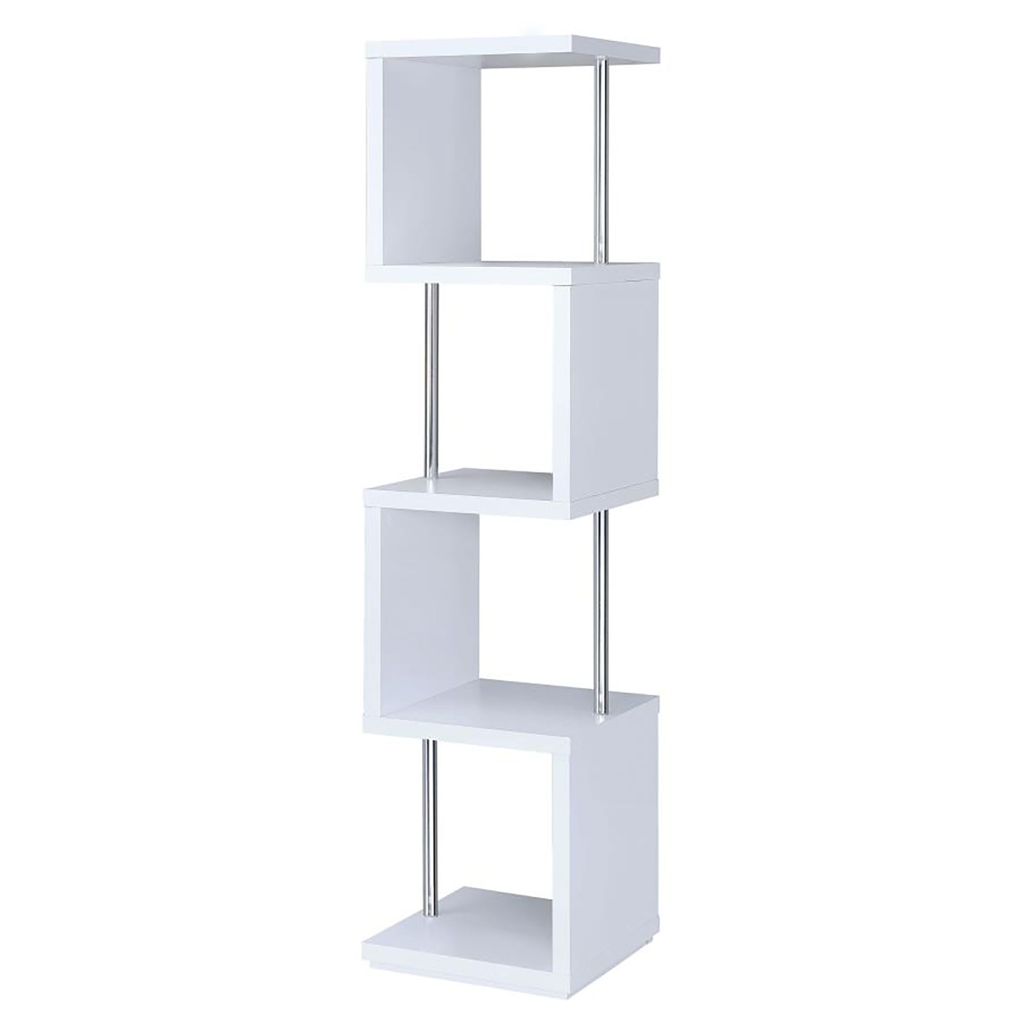 White and Chrome 4-Tier Bookcase – Modern Space-Saving Storage