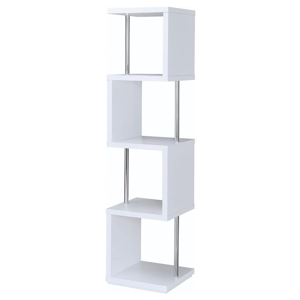 White and Chrome 4-Tier Bookcase – Modern Space-Saving Storage