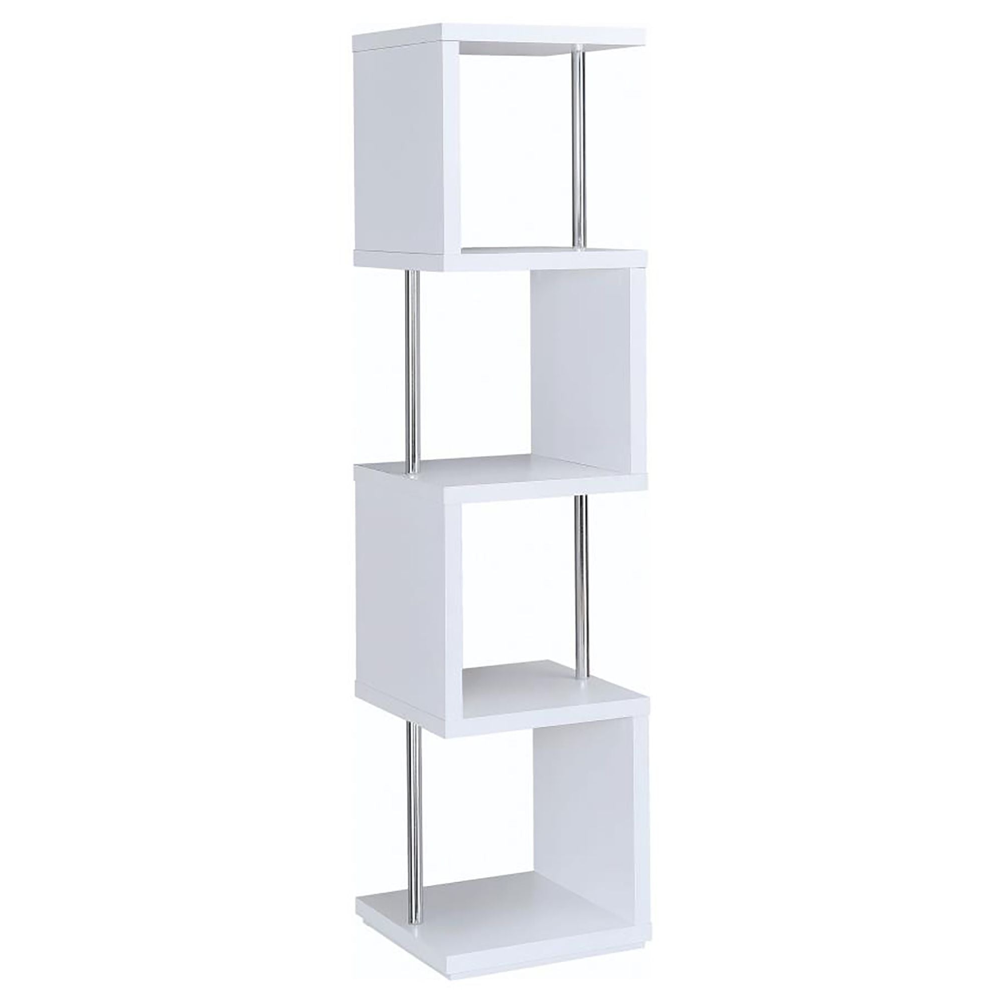 White and Chrome 4-Tier Bookcase – Modern Space-Saving Storage
