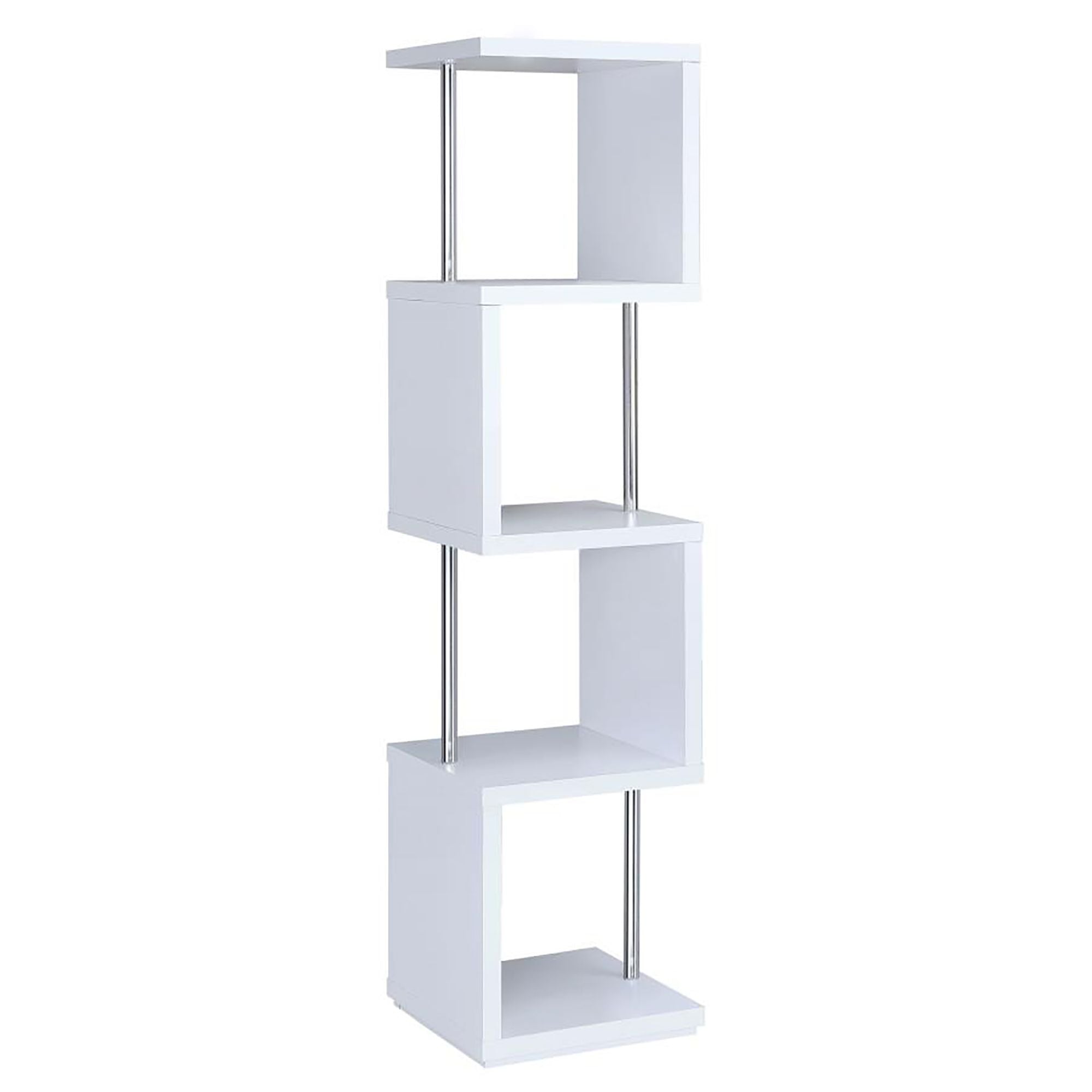 White and Chrome 4-Tier Bookcase – Modern Space-Saving Storage