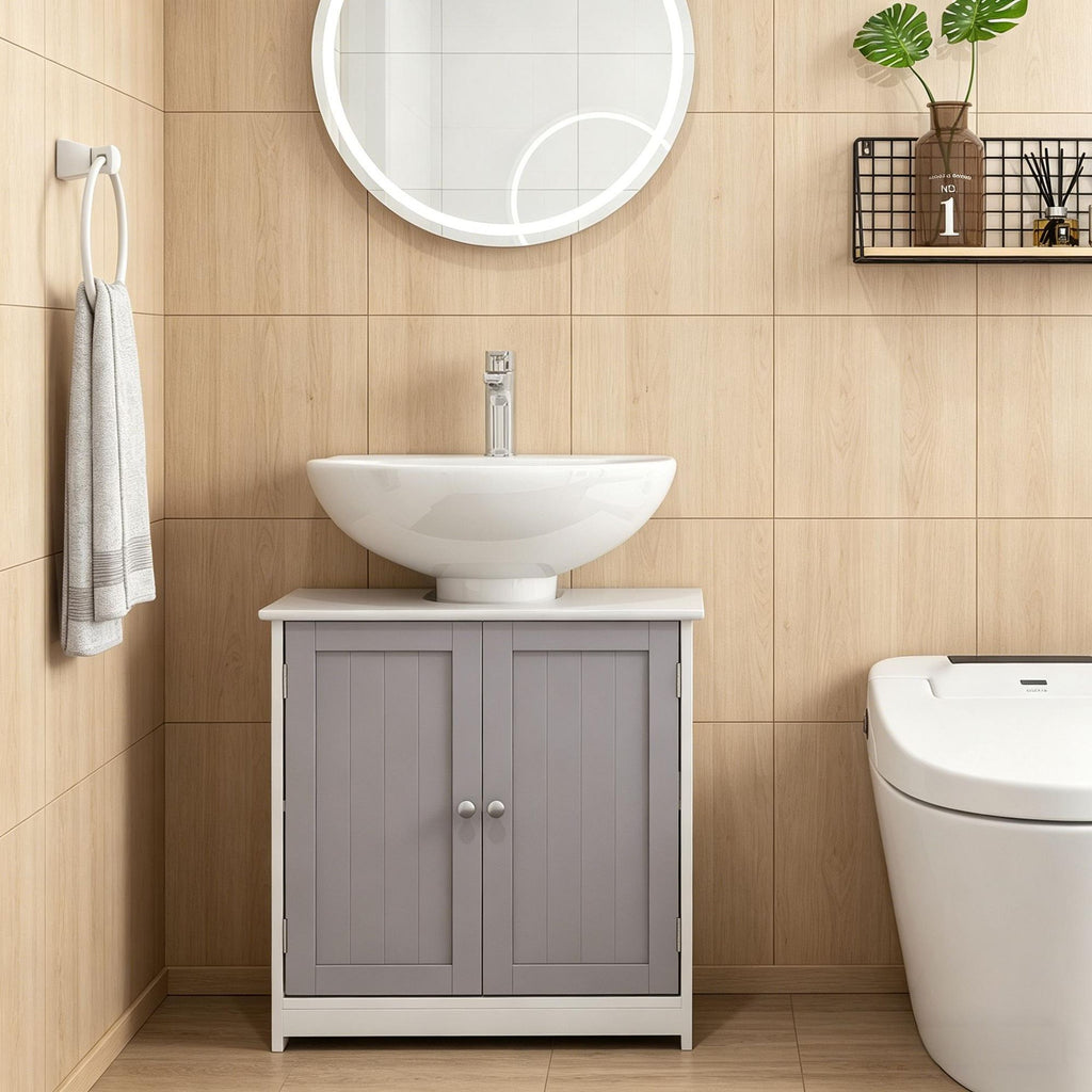 White and Gray Bathroom Vanity Cabinet with U-Shaped Cut-Out and Adjustable Shelf