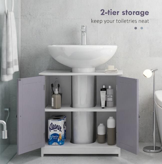 White and Gray Bathroom Vanity Cabinet with U-Shaped Cut-Out and Adjustable Shelf