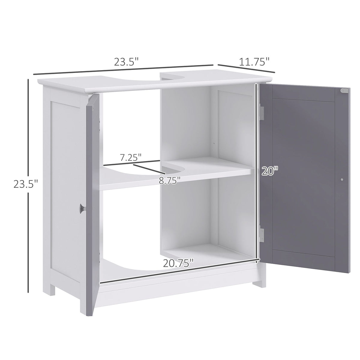 White and Gray Bathroom Vanity Cabinet with U-Shaped Cut-Out and Adjustable Shelf