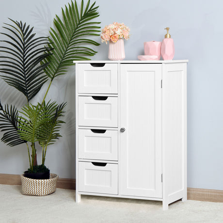 White Bathroom Storage Cabinet with Adjustable Shelf and 4 Drawers