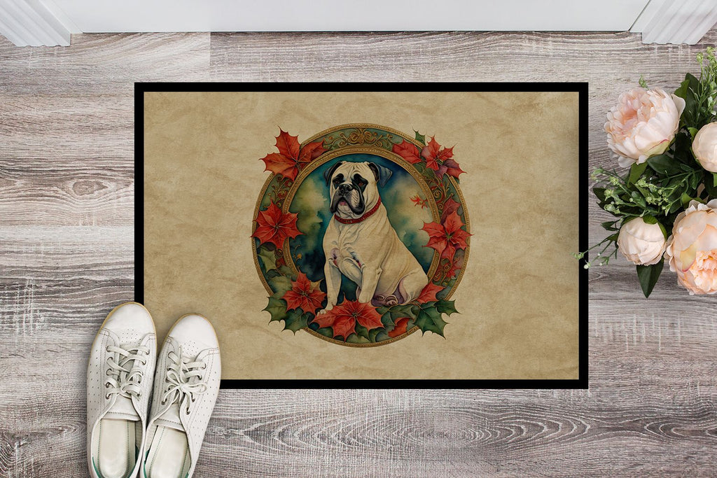 White Boxer Christmas Flowers Indoor-Outdoor Doormat