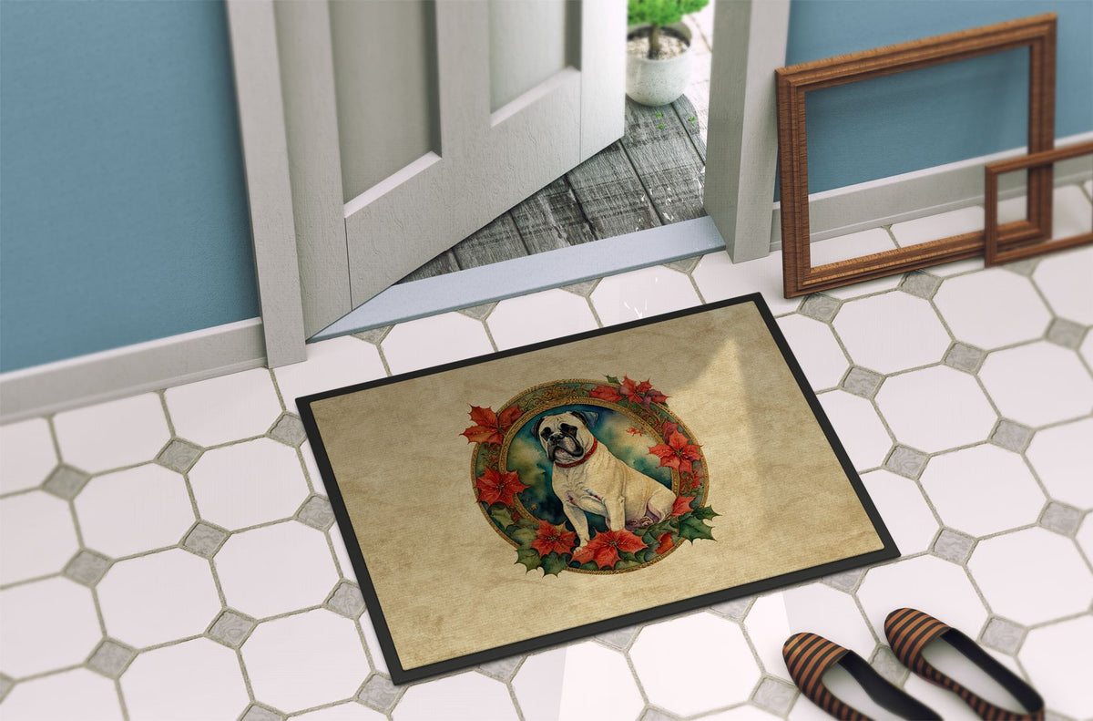 White Boxer Christmas Flowers Indoor-Outdoor Doormat