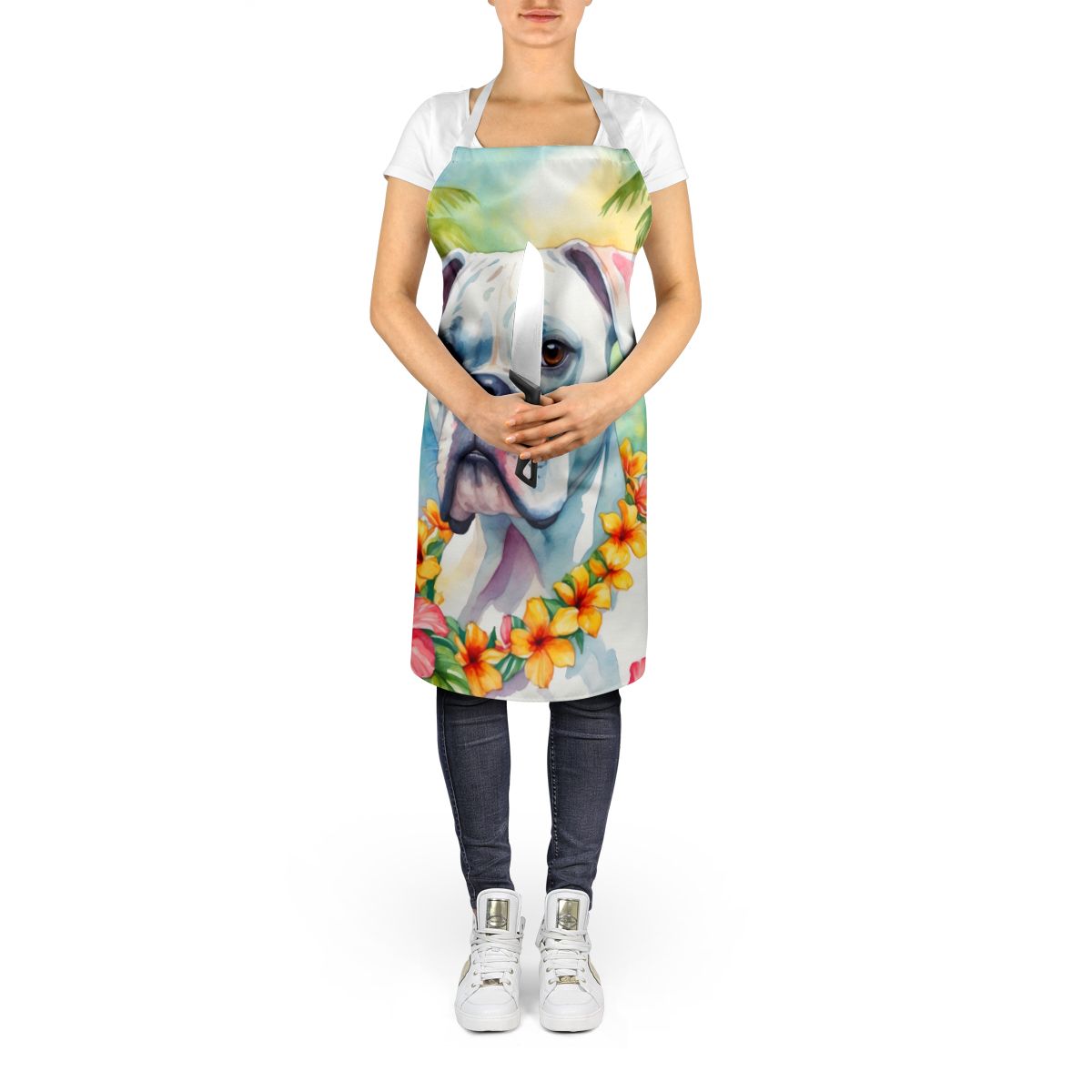 White Boxer Luau Bib Apron for Kitchen and Crafts