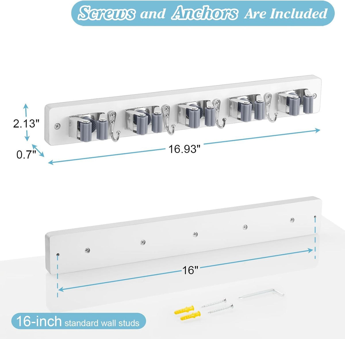 White Wall-Mounted Broom Holder with Hooks