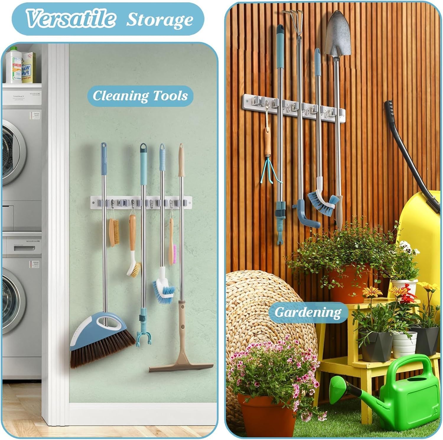 White Wall-Mounted Broom Holder with Hooks