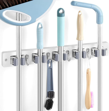 White Wall-Mounted Broom Holder with Hooks