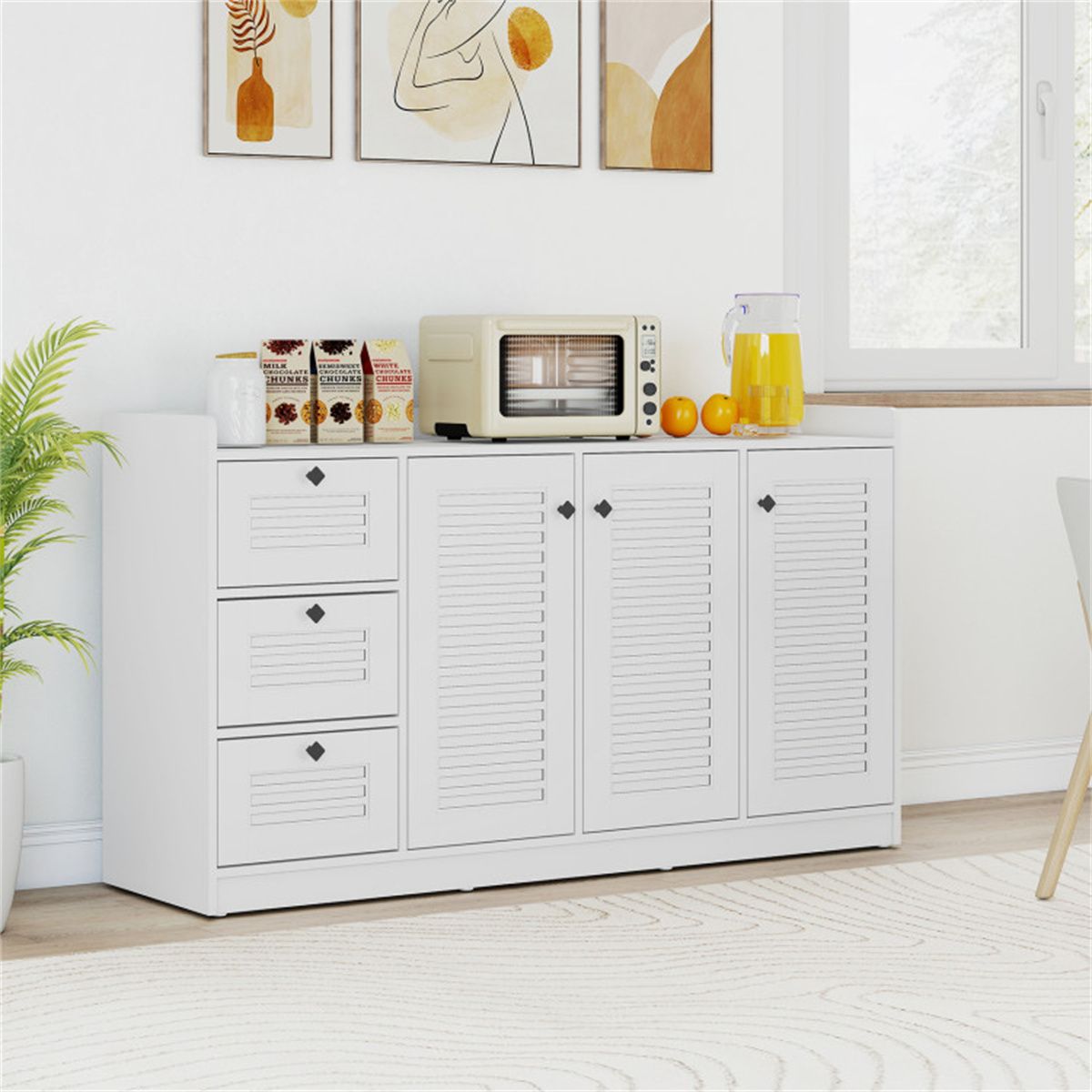 White Shutter-Door Buffet Sideboard with Drawers