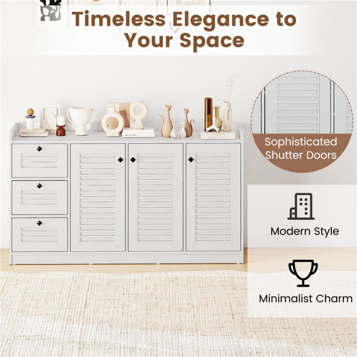 White Shutter-Door Buffet Sideboard with Drawers
