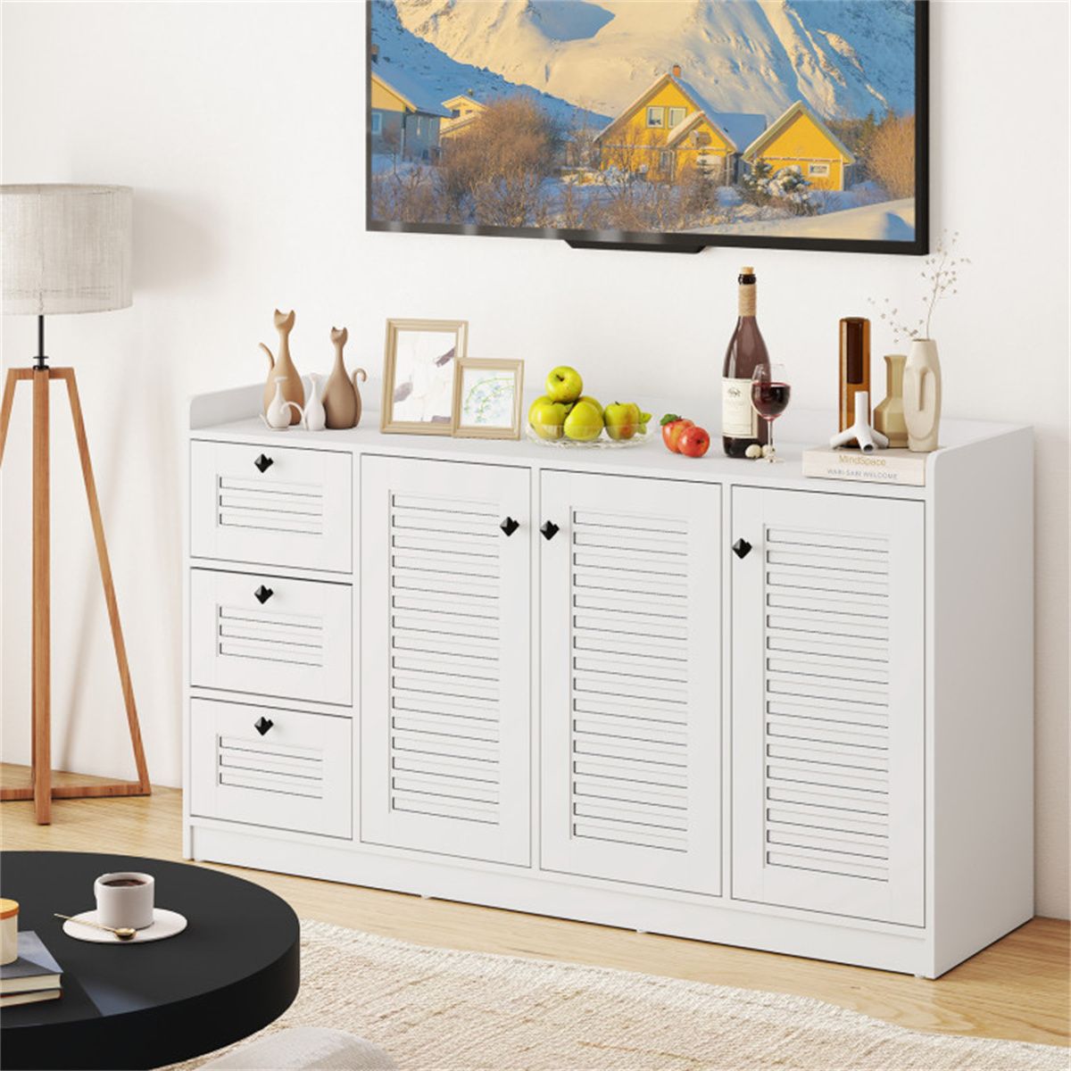 White Shutter-Door Buffet Sideboard with Drawers
