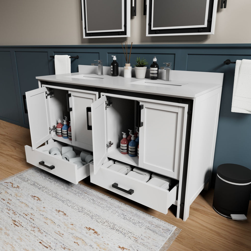 White Double Bath Vanity with Cultured Marble Top and Soft Close Drawers