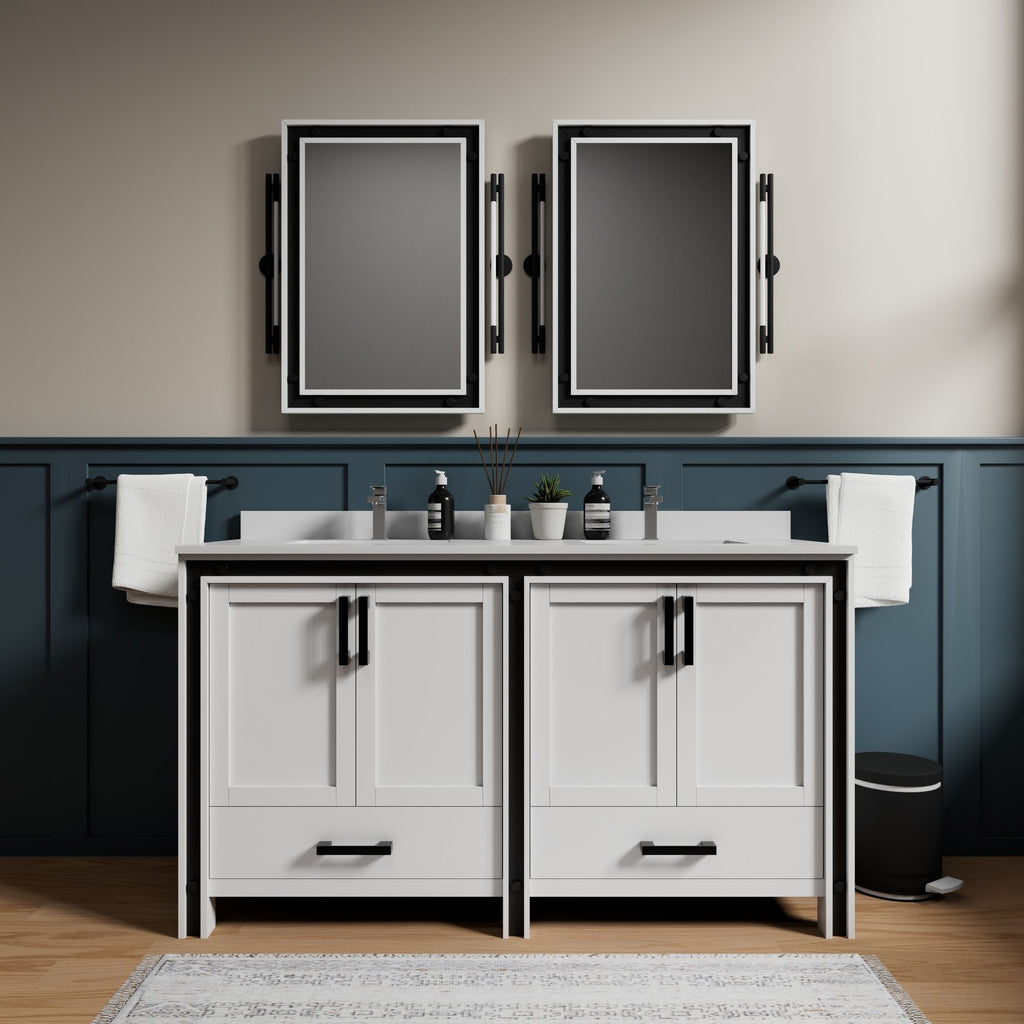 White Double Bath Vanity with Cultured Marble Top and Soft Close Drawers