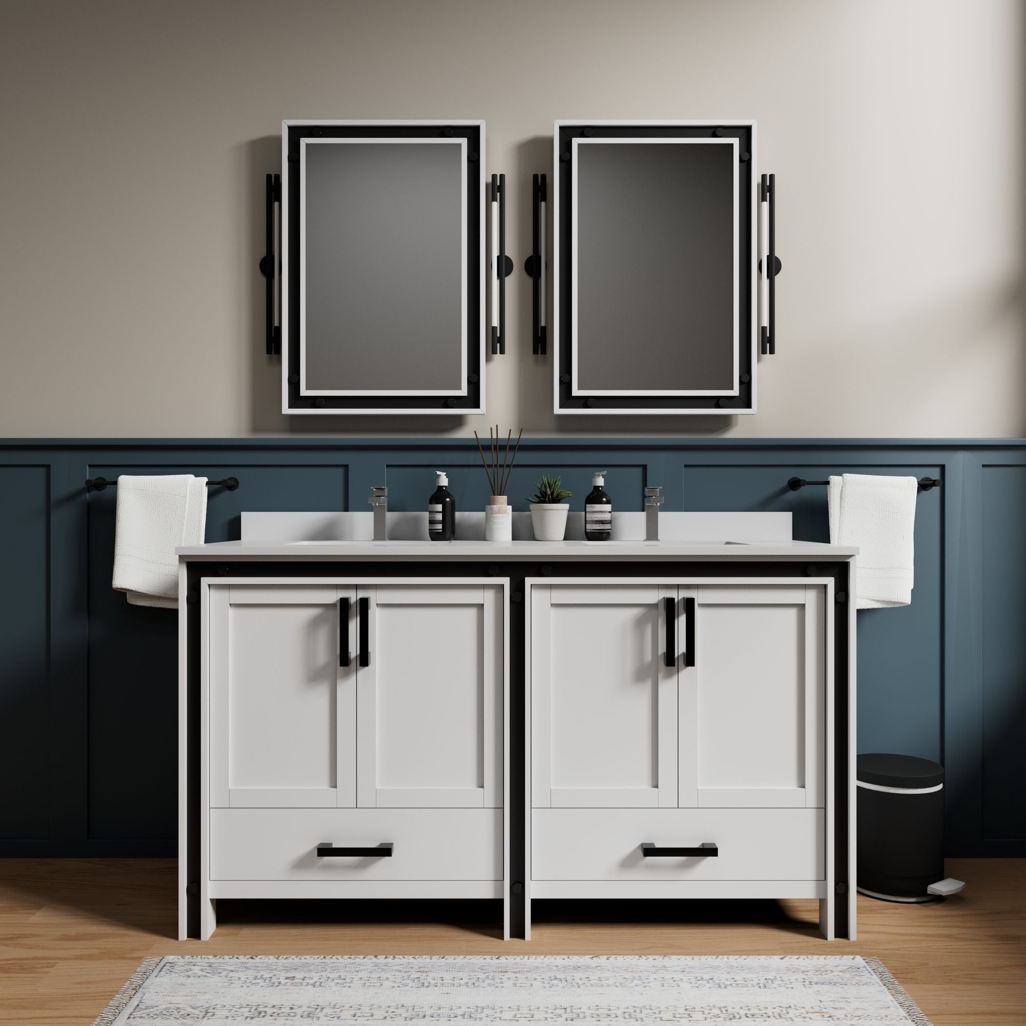 White Double Bath Vanity with Cultured Marble Top and Soft Close Drawers