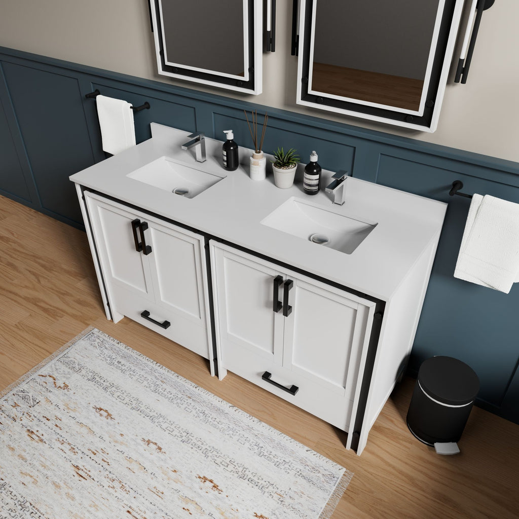 White Double Bath Vanity with Cultured Marble Top and Soft Close Drawers