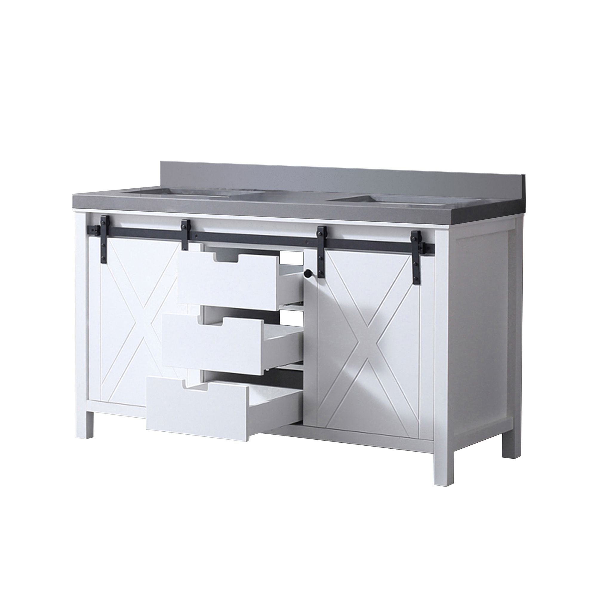 White Double Bath Vanity with Soft-Close Storage and Open Shelf