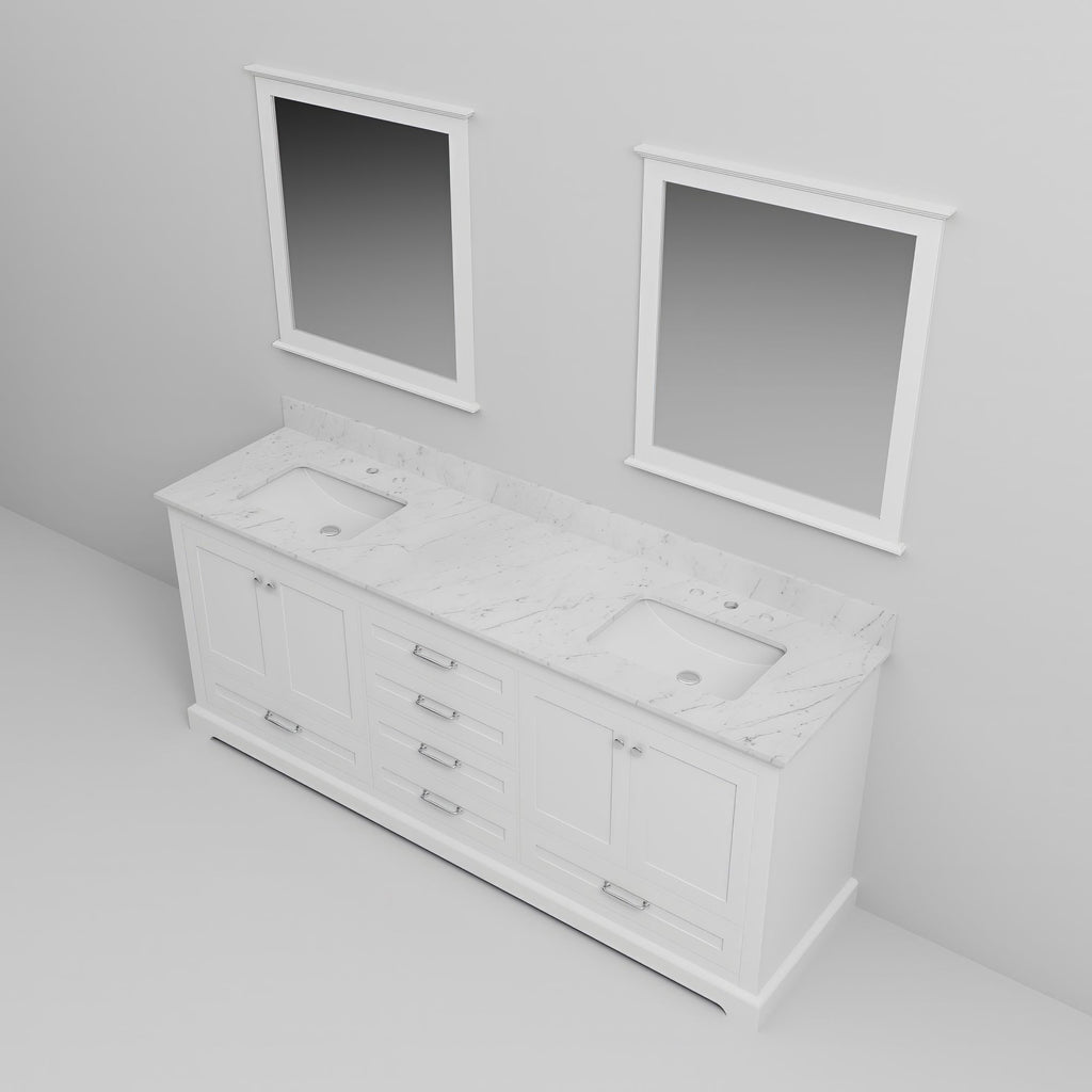 White Double Bath Vanity with Carrara Marble Top and Mirrors