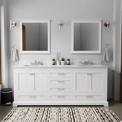 White Double Bath Vanity with Carrara Marble Top and Mirrors