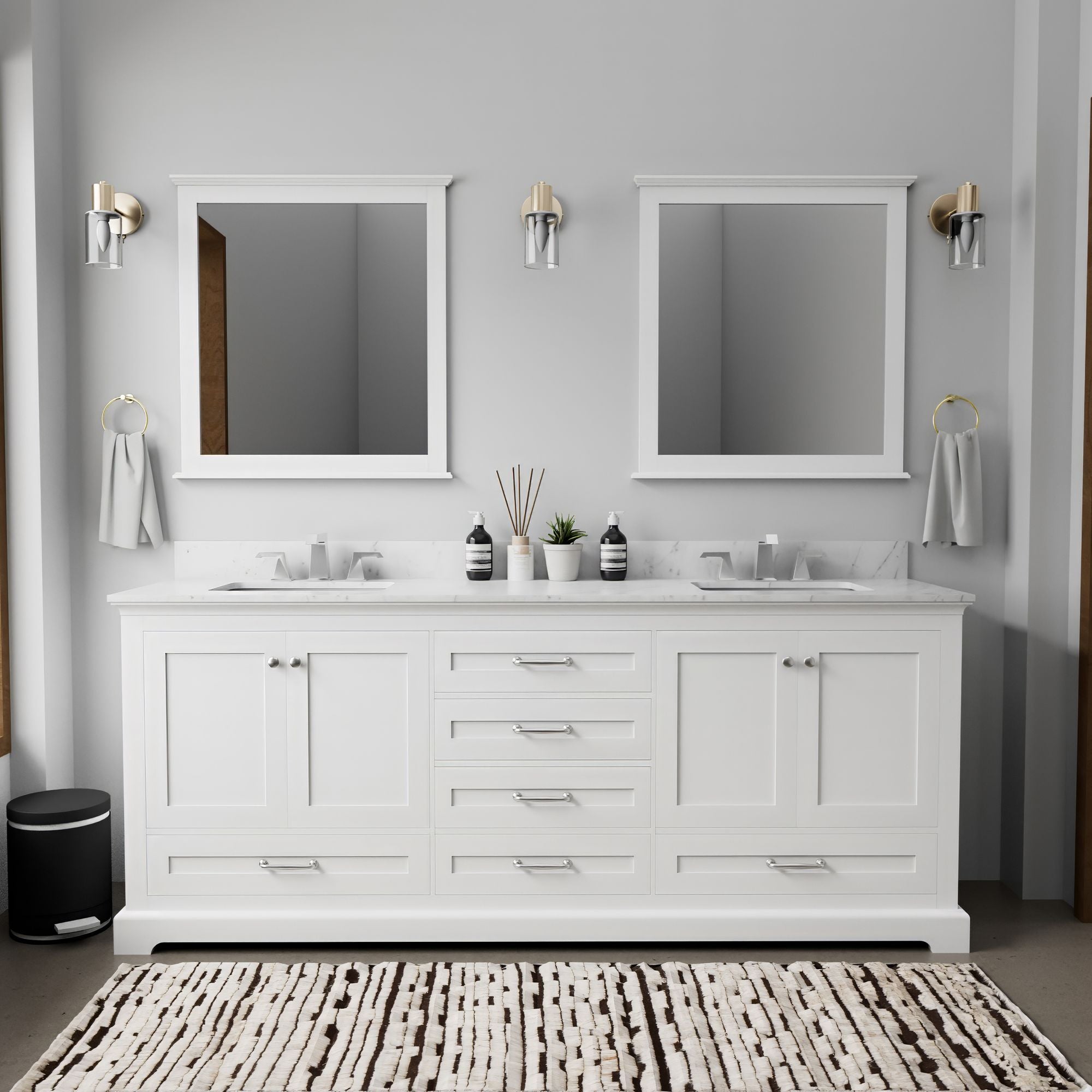 White Double Bath Vanity with Carrara Marble Top and Mirrors