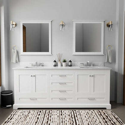 White Double Bath Vanity with Carrara Marble Top and Mirrors
