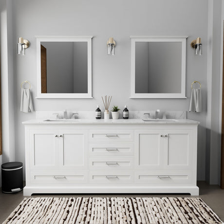 White Double Bath Vanity with Carrara Marble Top and Mirrors