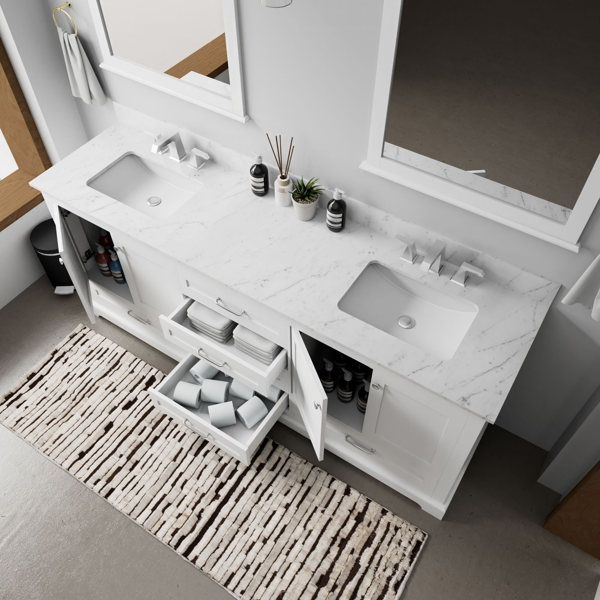 White Double Bath Vanity with Carrara Marble Top and Mirrors
