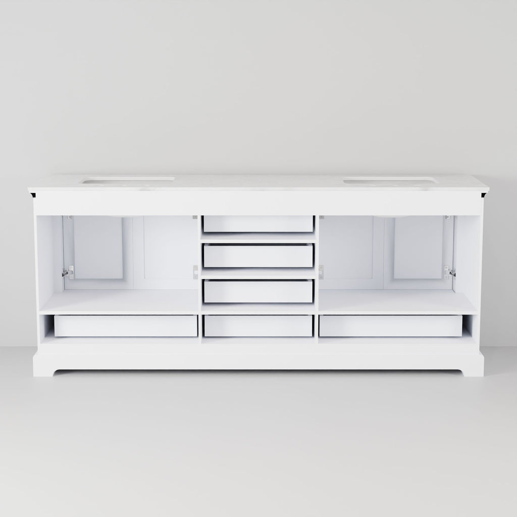 White Double Bath Vanity with Carrara Marble Top and Mirrors