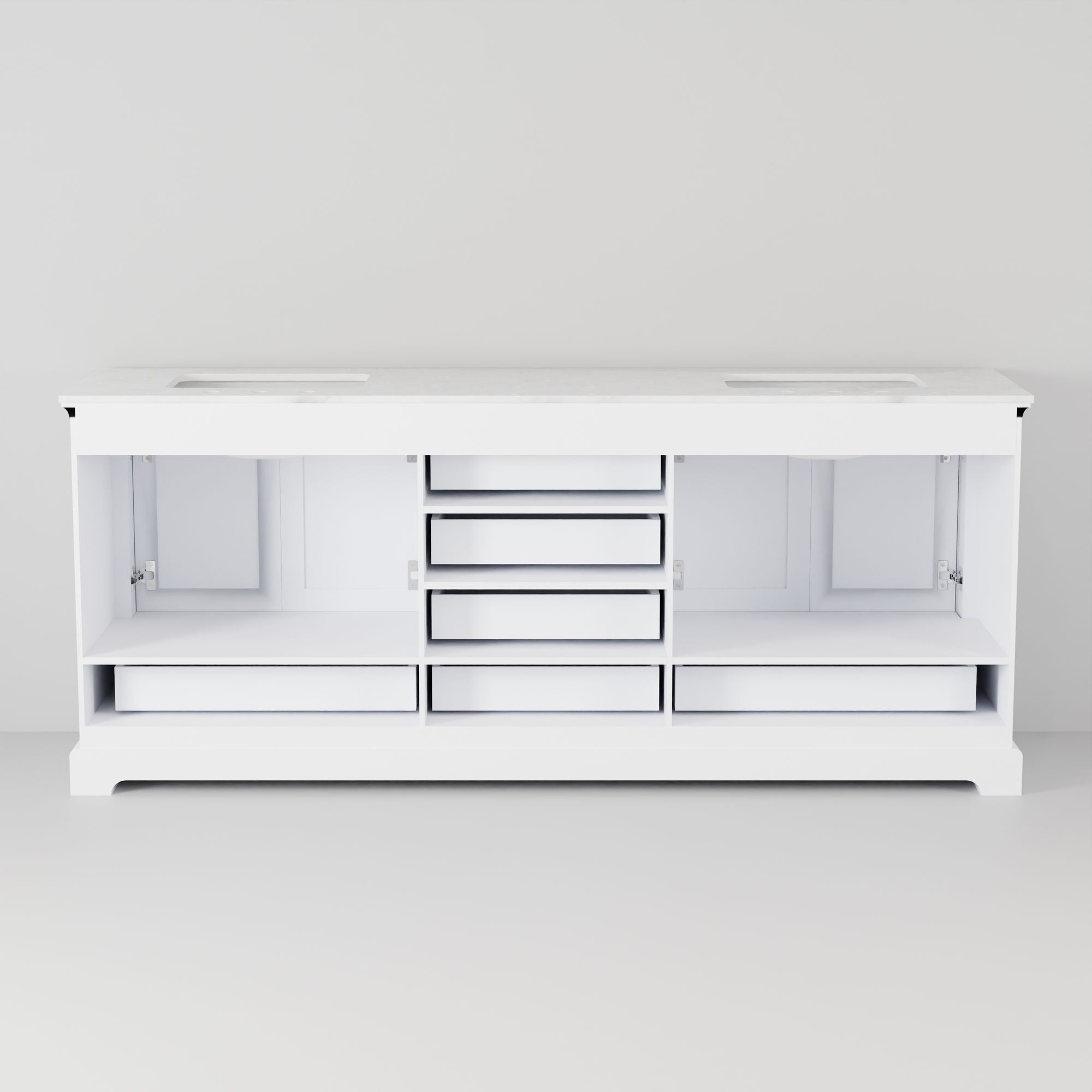 White Double Bath Vanity with Carrara Marble Top and Mirrors