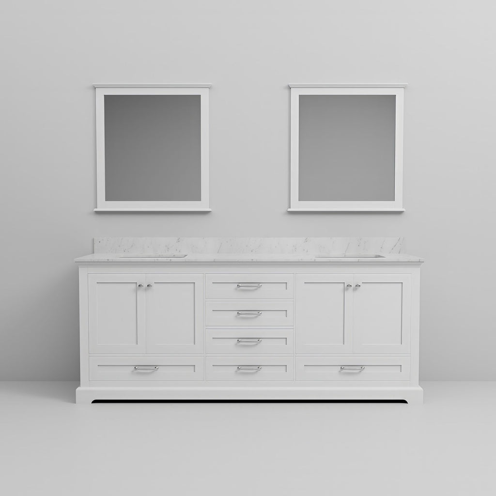 White Double Bath Vanity with Carrara Marble Top and Mirrors