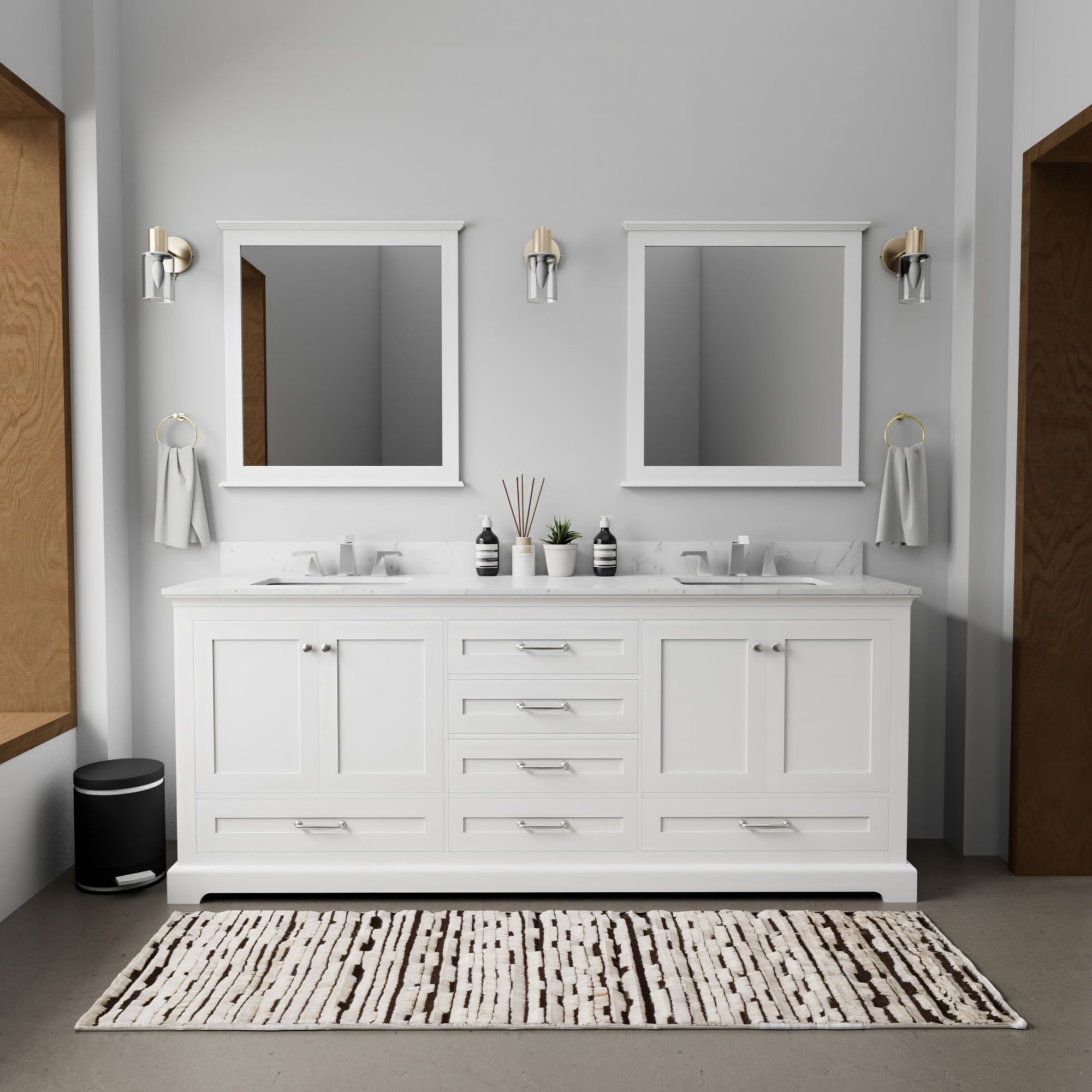 White Double Bath Vanity with Carrara Marble Top and Mirrors