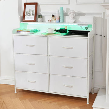 White Dresser for Bedroom,6 Drawer Dresser with Charging Station,Modern Dresser with 6