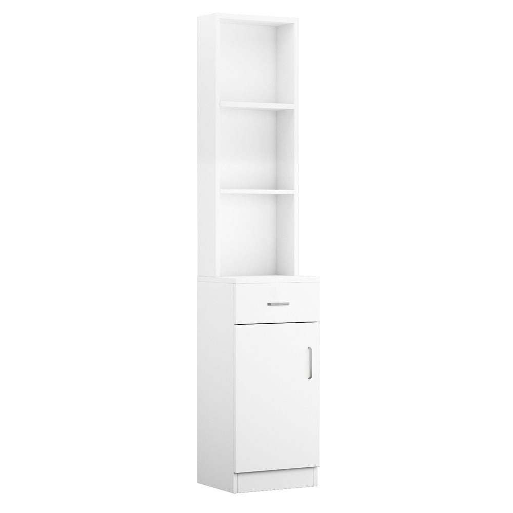 White Embossed Tall Storage Cabinet – One Door, One Drawer, Three Compartments
