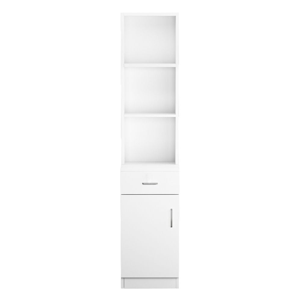 White Embossed Tall Storage Cabinet – One Door, One Drawer, Three Compartments