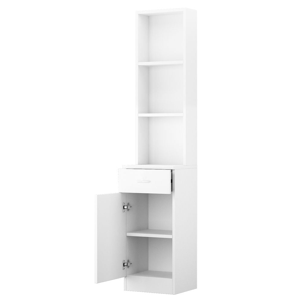 White Embossed Tall Storage Cabinet – One Door, One Drawer, Three Compartments