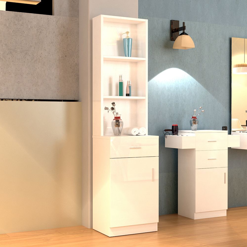 White Embossed Tall Storage Cabinet – One Door, One Drawer, Three Compartments