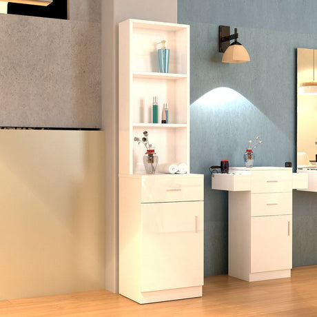 White Embossed Tall Storage Cabinet – One Door, One Drawer, Three Compartments